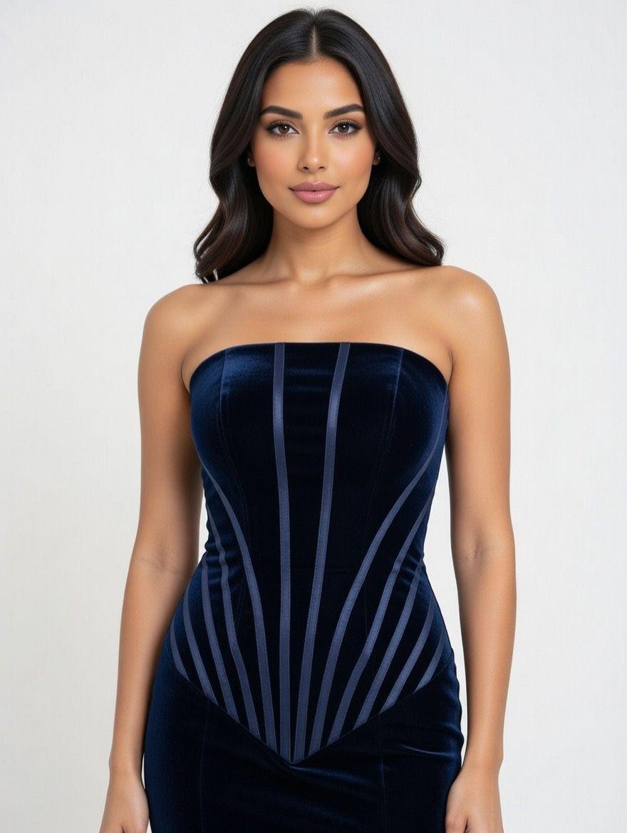 فستان قطيفه صدرية كورسيه شراشف تل كحلي