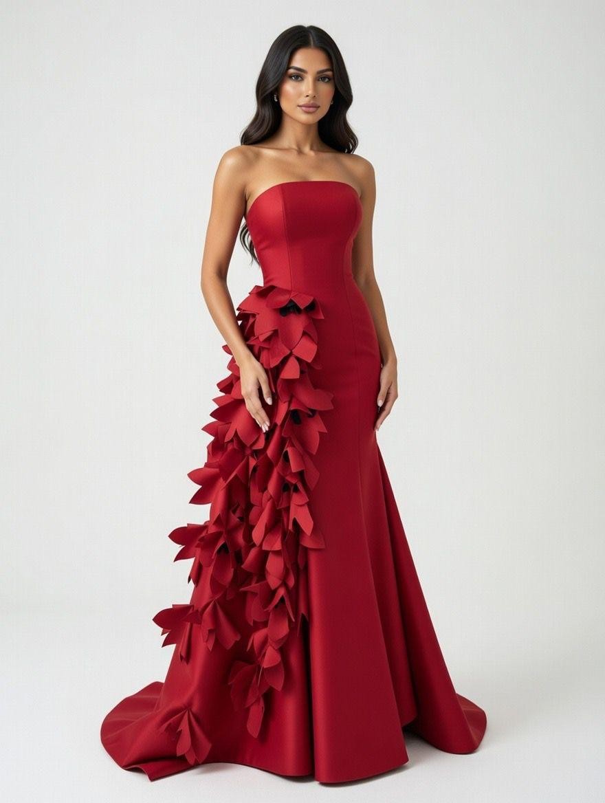 فستان العهد ملكه مع ذيل مطعم بورد الكيميليا احمر