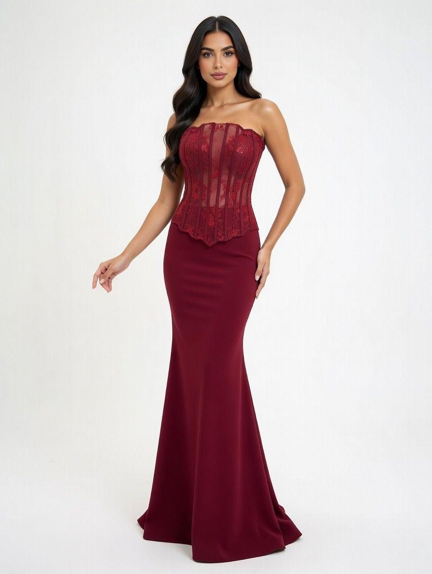 فستان قطعتين صدرية دانتيل كورسيه بورغندي